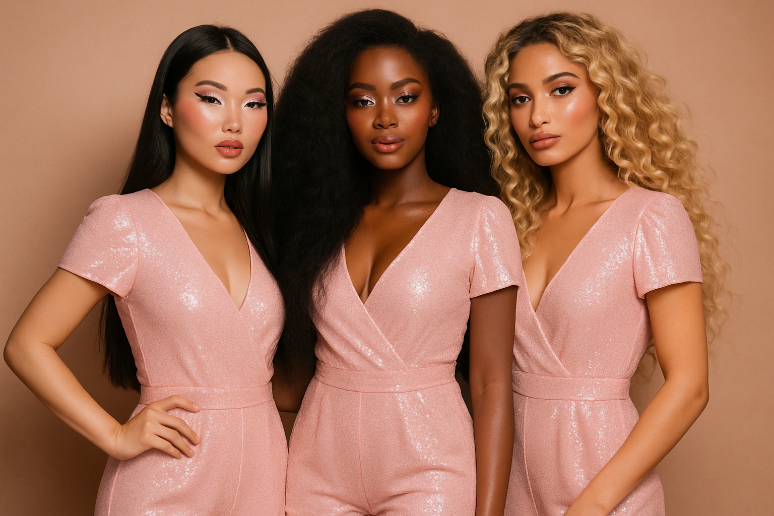 Génère moi 3 filles ensemble une fille noir cheveux très long avec du volume en combi short rose pastel maquiller pailleter, une asiatic avc des cheveux long cheveux noir en combi short rose maquiller pailleter une autre bronzer les cheveux très long et boucler blond l’asiatique à gauche la noir au milieu et la bronzer à droite