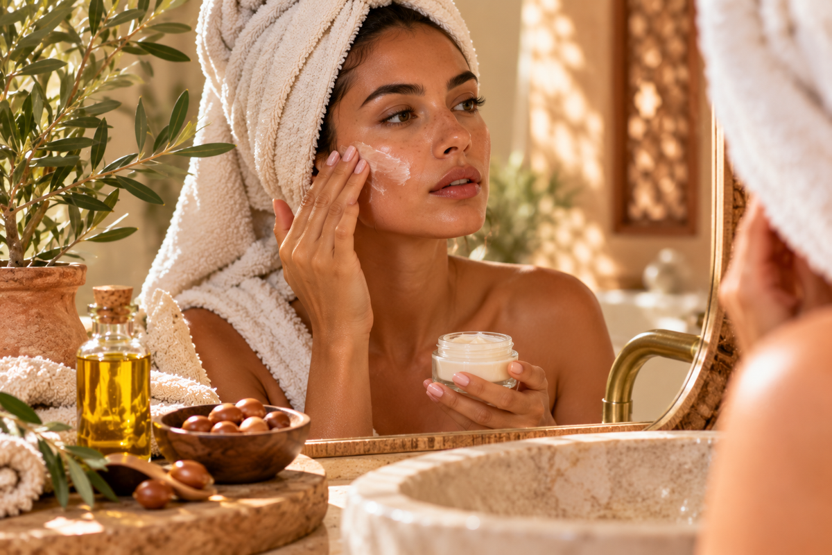 Femme appliquant une crème hydratante sur sa joue devant un miroir