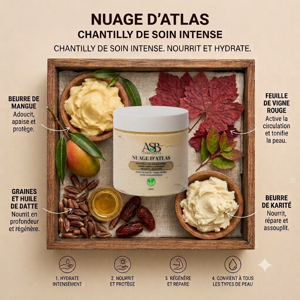 Pot de crème Chantilly de Soin Nuage d'Atlas hydratante pour corps et cheveux - ASB Cosmétique