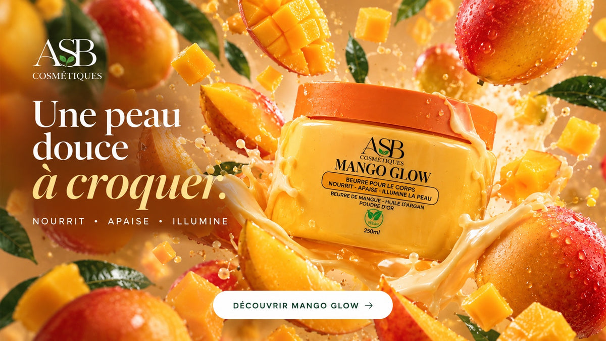 Bannière Mango Glow ASB Cosmétiques avec mangues et bouton blanc