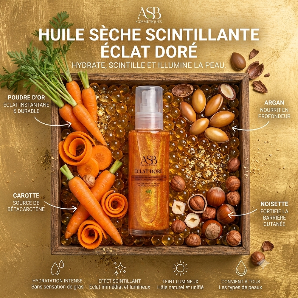 Flacon d'Huile Scintillante naturelle pour le corps Éclat Doré - ASB Cosmétique