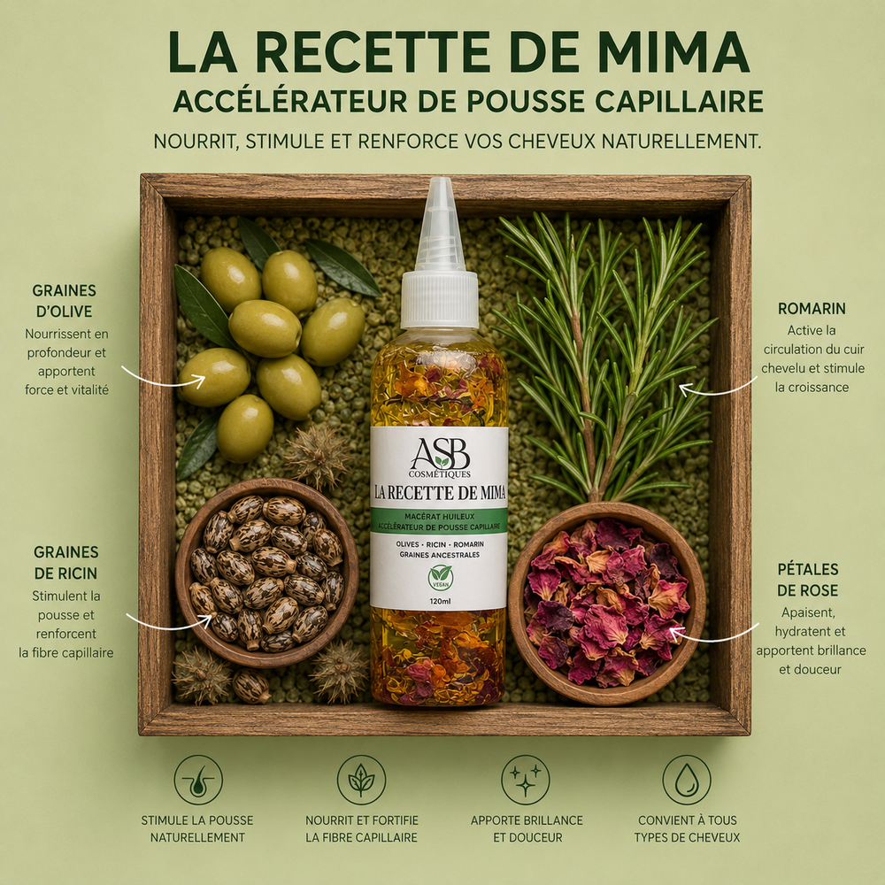 Flacon d'huile capillaire naturelle Accélérateur de Pousse de Cheveux Recette de Mima - ASB Cosmétique