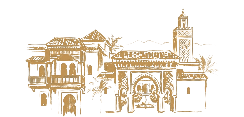 Illustration dorée de l'architecture de Marrakech symbolisant l'héritage naturel de ASB Cosmétique