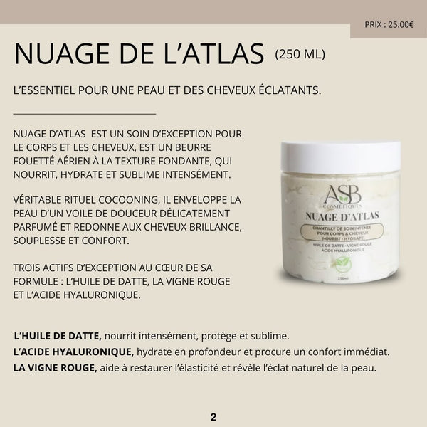🌱 Catalogue Partie 1 :
• Présentation
• Nuage de l’Atlas
• Hair Protect
• Shampooing Blowtox
• Masque Blowtox
• Shampooing Trico Therapy Repair
• Masque Trico Therapy Repair