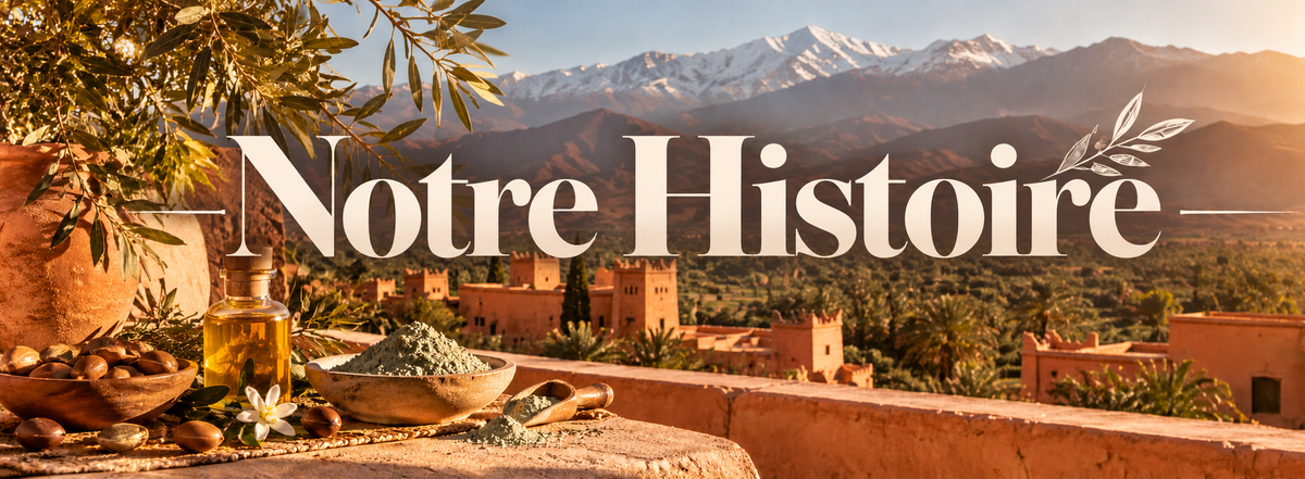 Bannière Notre Histoire, inspiration Atlas marocain et ingrédients naturels