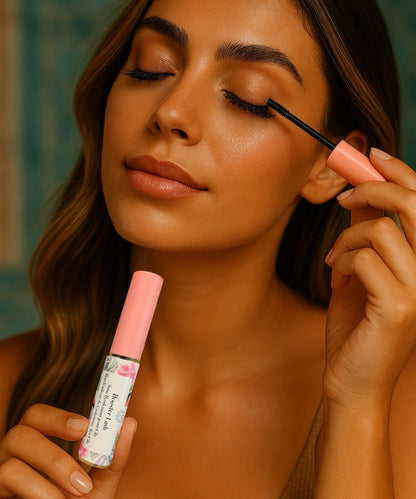 femme de face en gros plan fermant les yeux appliquant le booster lash 