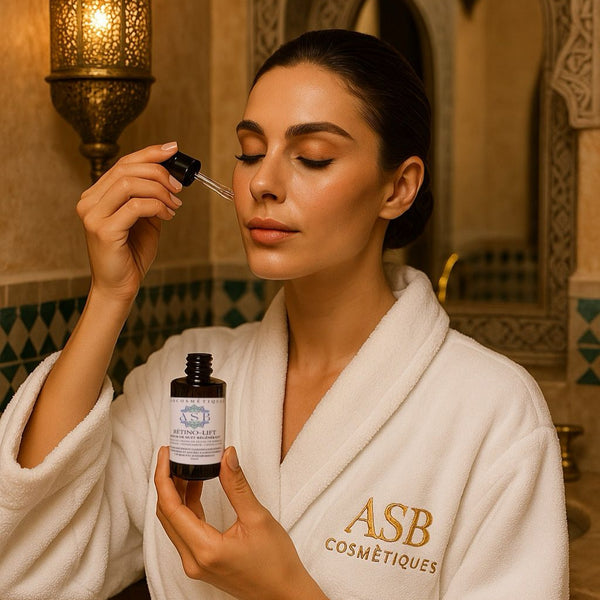 femme de face avec un peignoir ASB cosmétique appliquant le retino-lift sur le visage, le flacon dans une main la pipette dans l'autre 