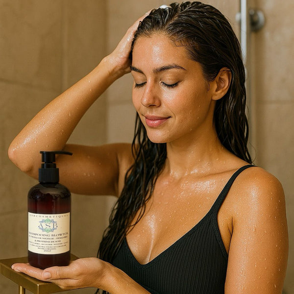 femme prenant une douche en maillot de bain de face tenant le shampoing blowtox dans ca main gauche et ce frottant les cheveux de l'autre main 